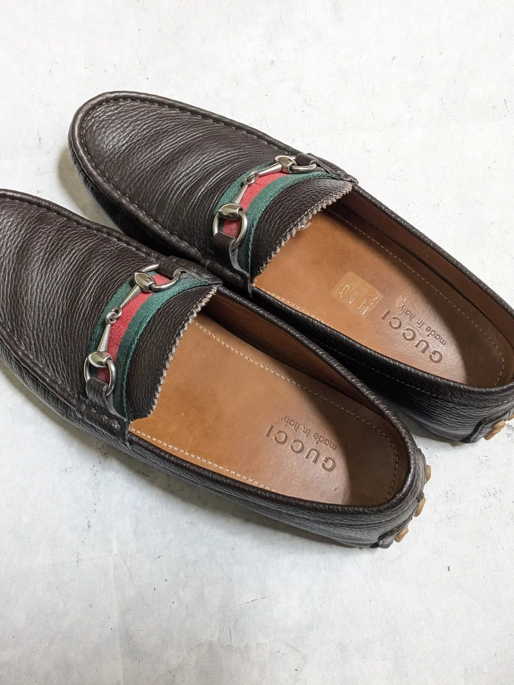 Gucci Men's Brown Leather Horsebit Loafers with Green-Red Web US 11 Driving